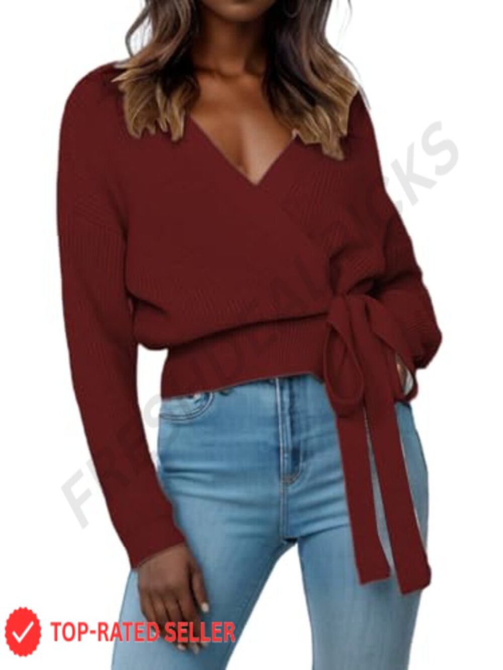 V Neck Wrap Sweater Pullover Loose Knit Batwing Sleeve